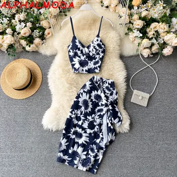 

ALPHALMODA New Women Holiday Style Printed Short Camisole High Waist Skirt 2pcs Fashion Suit Binding Skirt Trendy Summer Set