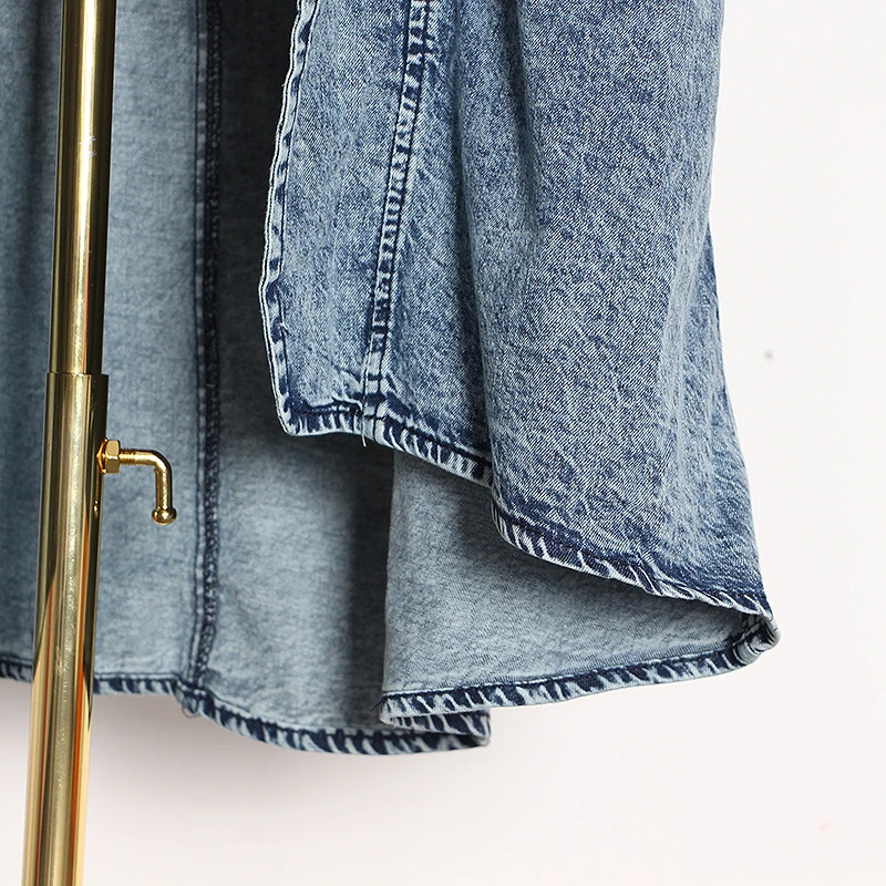 CHICEVER Blue Denim Trench For Women Lapel Batwing Three Quarter Sleeve Loose Big Size Windbreakers Female 2021 Autumn Clothing