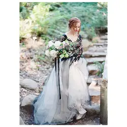 JIERUIZE Очаровательный Длинный рукав Свадебные платья 2020 v-образный вырез Открытая Спина Черное Кружевное трапециевидное платье невесты