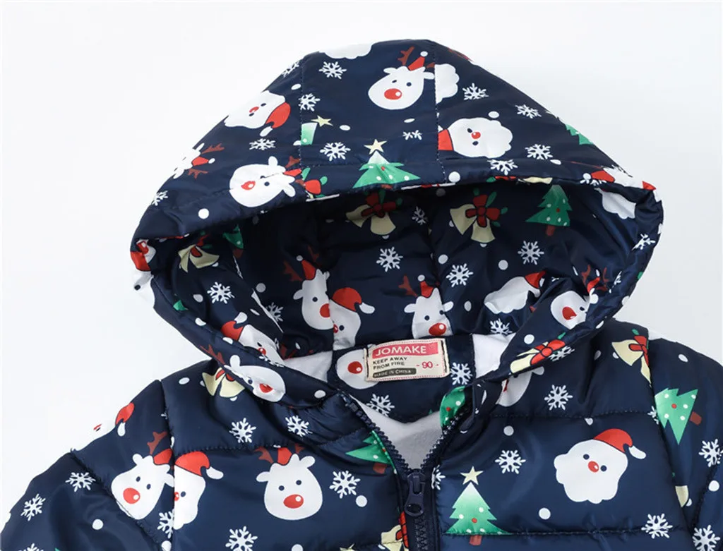 Осенне-зимние детские куртки для маленьких девочек и мальчиков с рождественским принтом; плотное теплое пальто с капюшоном; Верхняя одежда; детская одежда; пальто для девочек