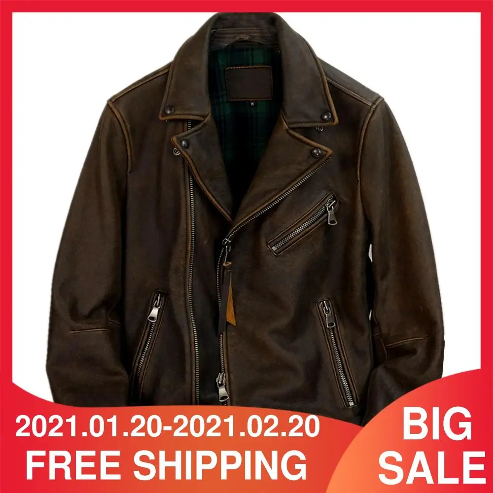 2021 Ретро коричневая американская мужская короткая Байкерская кожаная куртка