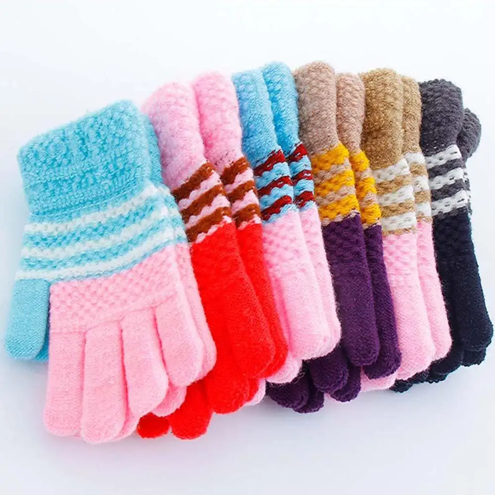 Winter Warm Gloves Children Knitted Stretch Mittens Kids Girls Boys Gloves Full Finger Gloves Multicolor Thick Gloves