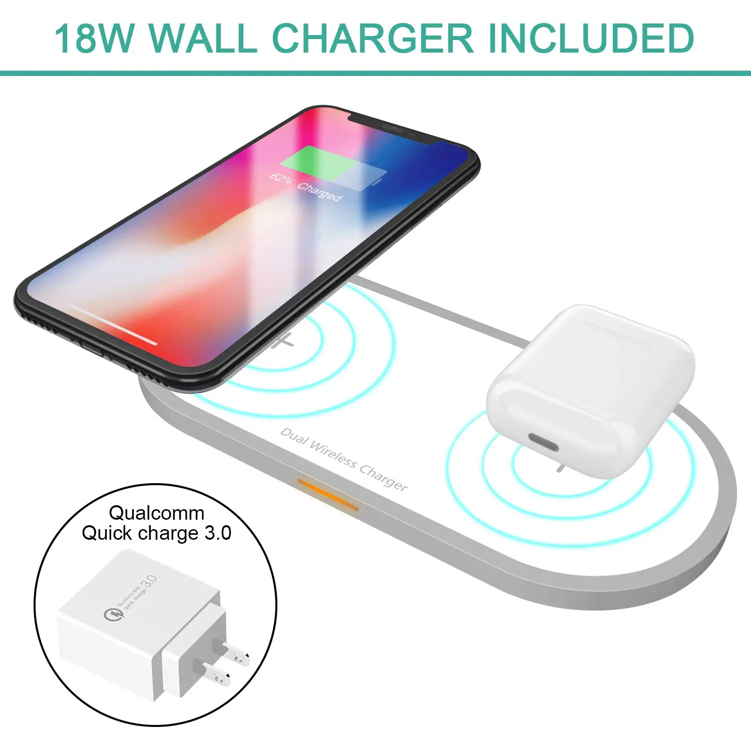 

Dual Wireless Charger Station, QC3.0 18W Dual Wireless Charging Pad ,Certified Qi Wireless Charger for iPhone AirPods