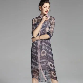 

silk dresses women natural 2020 spring summer grey embroidery floral office casual sexy beach party dress plus size high quality