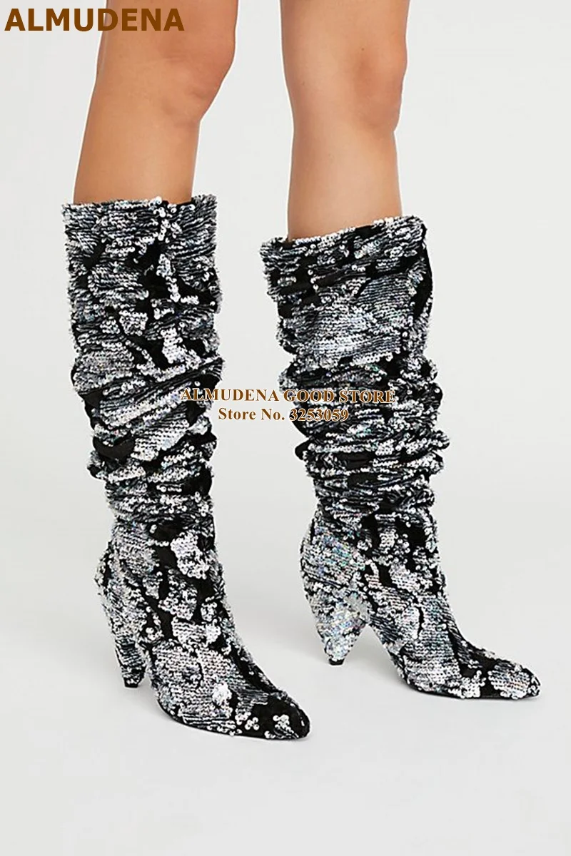 knee high as pic ALMUDENA сапоги до середины икры на шпильках, украшенные блестками; модельные сапоги с блестками; блестящие свадебные туфли; Туфли-гладиаторы - Цвет: knee high as pic
