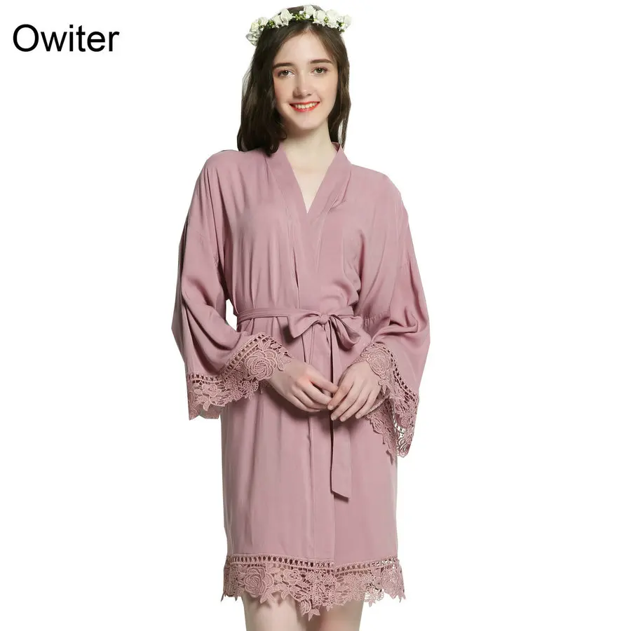 Owiter искусственный шелк Mauve однотонное хлопковое кимоно халаты с кружевной отделкой женское свадебное платье короткий пояс халат пижамы белое платье
