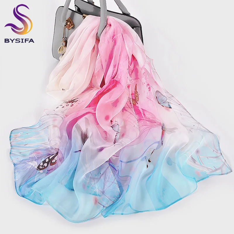 [BYSIFA] шелк шифон шарф женский бренд листья дизайн серый хаки длинные шарфы пляжные шали осень зима женские шарфы для шеи - Цвет: pink blue 34