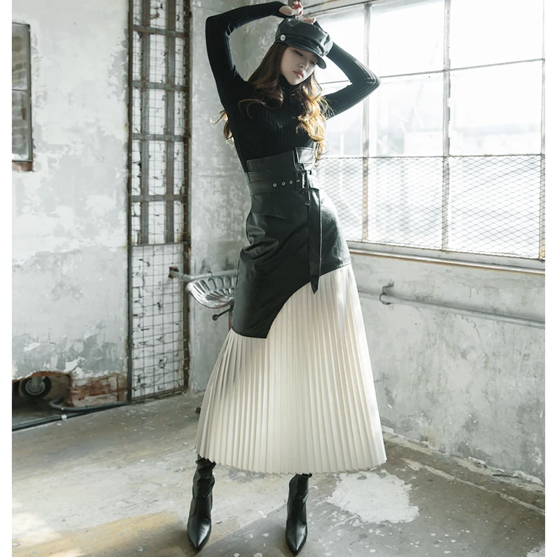 

Korea 2020 Skirt Winter Women's New Big Swing A-line Pleated Skirt High Waist Wild Fashion Was Thin Leather Skirt PC302