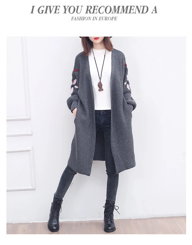 Qh2018 Autumn New Style Large Size Dress Medium-length Versatile Embroidery Long Sleeve Knitted Coat Women's Hot Selling