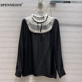 

SPENNEOOY Designer Custom Runway Autumn Women Fashion Casual Shirt Tops Ladies Mesh Embroidery Stitching Black Silk Blouse