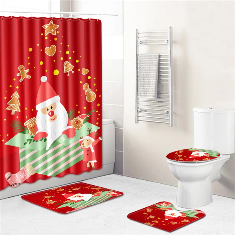 4 шт. Merry Christmas Противоскользящие коврики для ванной комплект водонепроницаемый Душ занавеска пьедестал коврик крышка унитаза коврик для ванной домашний декор