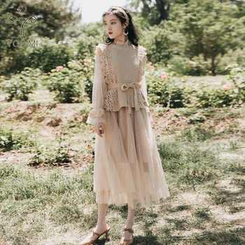 

YOSIMI 2019 Summer Two Piece Outfits Women Full Sleeve Lace Sweater Vest Top and Full Sleeve Turtleneck Dress Vintage Drawstring