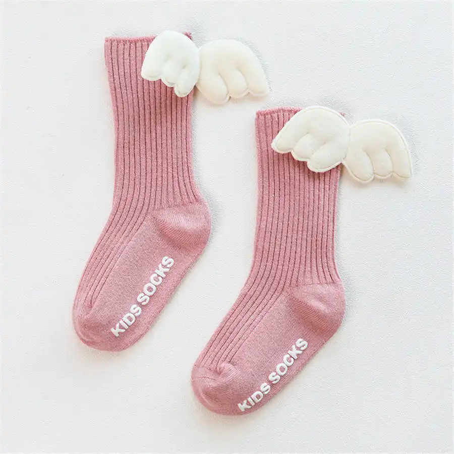 Детские хлопковые носки до колена для маленьких девочек с милыми мультяшными крыльями, нескользящие носки-трубы, Дети Мальчики Школа, носки осенне-Весенняя детская одежда - Цвет: Розовый