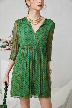 

Women Dress V-neck Loose Printed Silk Floral Mini Dress