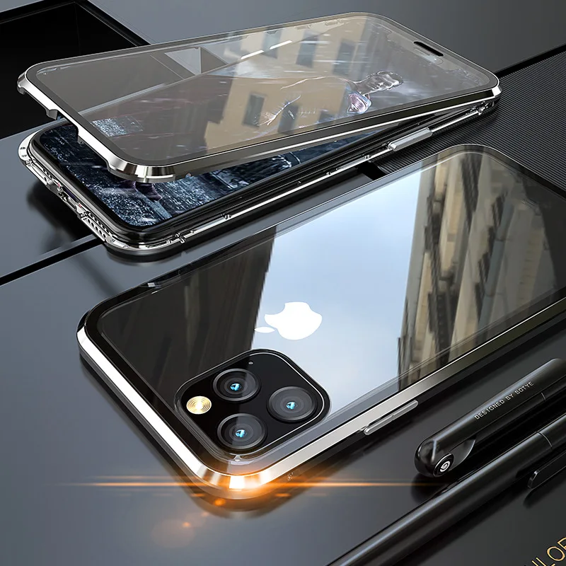 Серебристый 360 металлический магнитный чехол для телефона для iPhone 11 Pro Max чехол для iPhone XR X XS Max 6 6S 7 8 Plus двусторонний чехол из закаленного стекла - Цвет: Серебристый