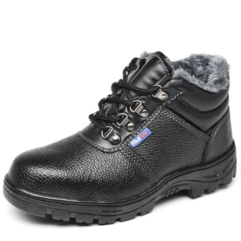 

men's fashion big size warm plush winter snow safety boots black soft leather steel toe cap working shoes security ankle boot