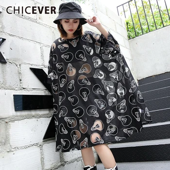 

CHICEVER Korean Print Hit Color T-shirt Female O Neck Short Sleeve Oversize Loose Perspective Long Shirt Women 2020 Summer New