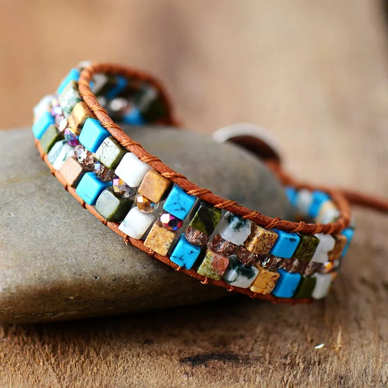 Женский плетеный браслет с бусинами из натуральных камней|leather wrap|leather wrap braceletwrap