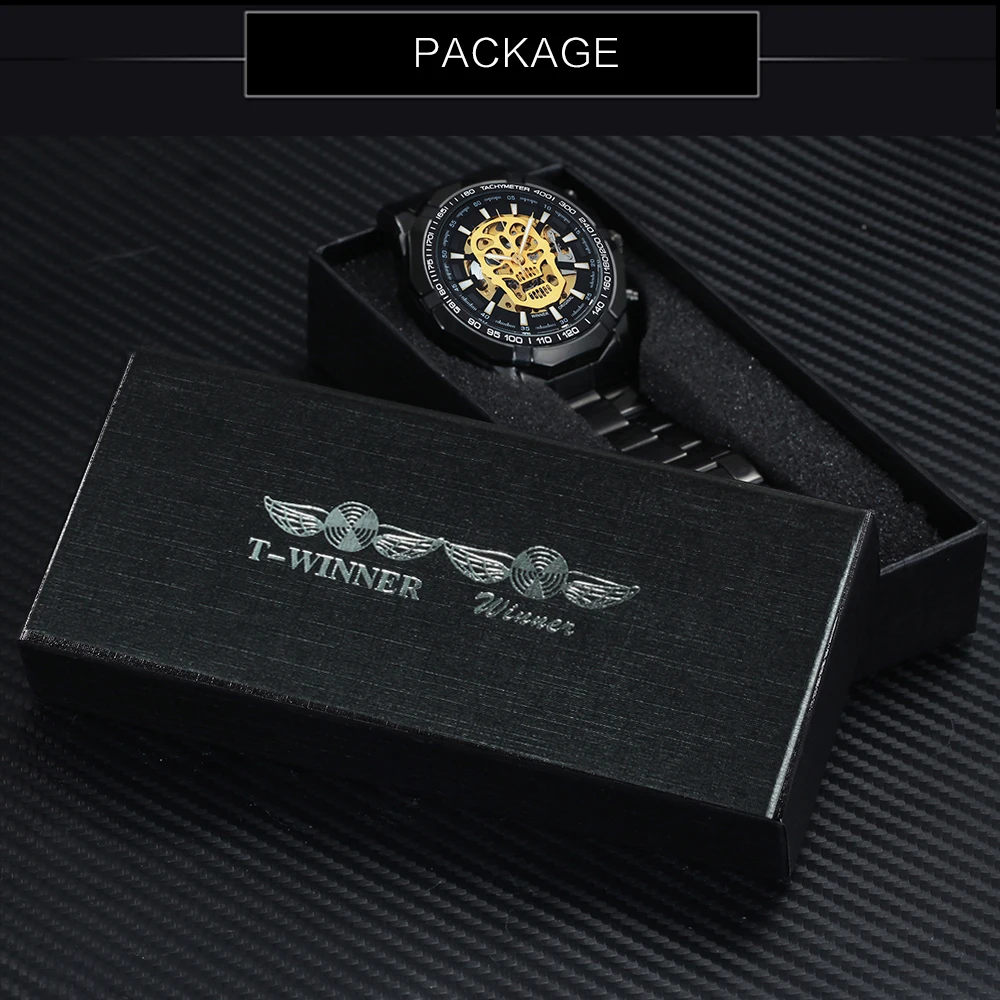 WINNER официальный для мужчин s часы лучший бренд класса люкс автоматические механические часы для мужчин Стальной ремешок хип хоп Череп Скелет циферблат наручные часы