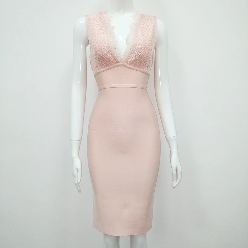 Летнее Бандажное платье с белым кружевом, элегантное сексуальное модное облегающее платье без рукавов с v-образным вырезом, Мини платье для вечеринки, vestido - Цвет: Розовый