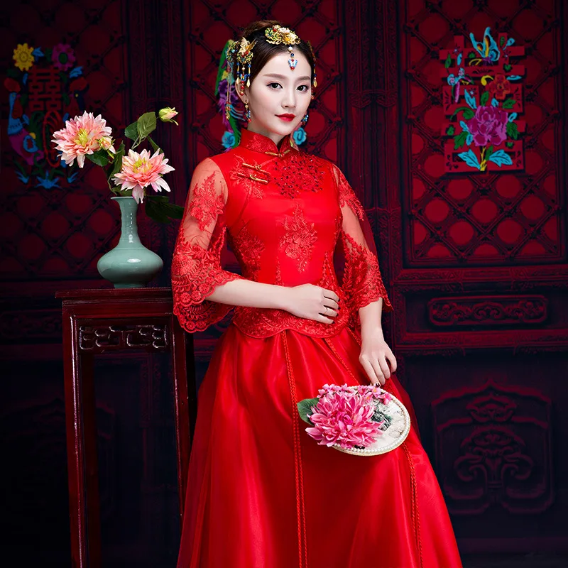 

Hot Selling 2018 Spring Bride Wedding Dress Chinese Style Formal Dress Women's Dress for Toast Long Formal Dress Cheongsam