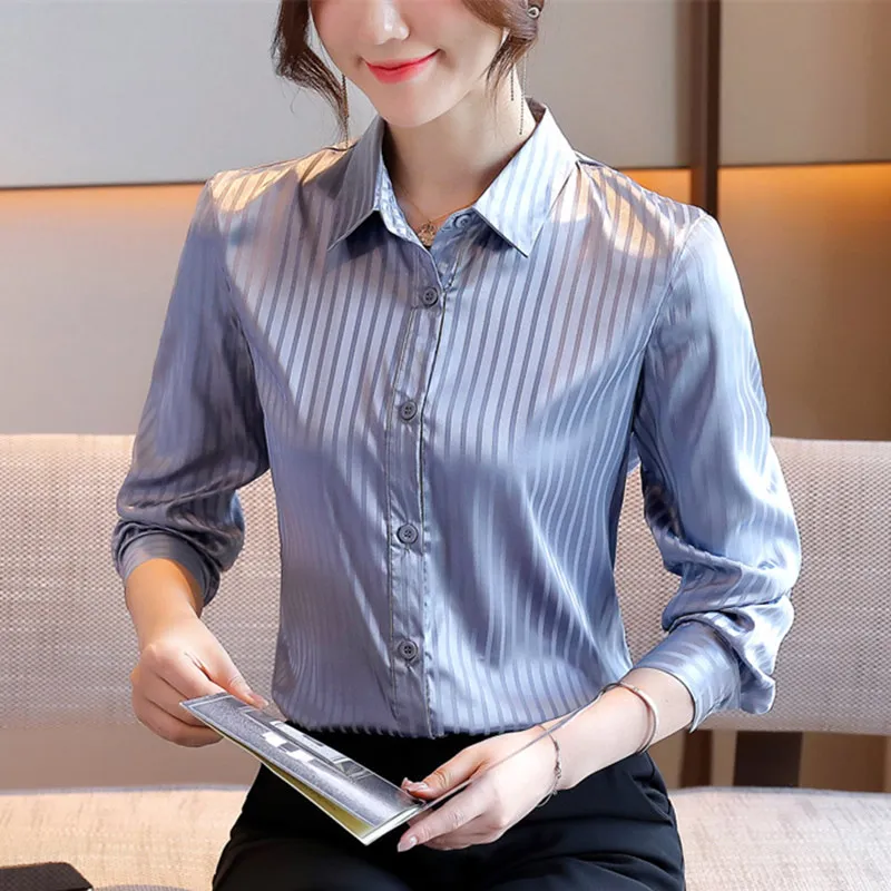 

Fashion Silk Women Shirts Woman Satin Blouses Tops Women Long Sleeve Shirts Blouse Office Lady Silk Striped Shirt Tops Plus Size