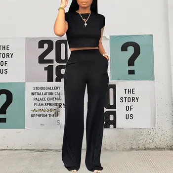 

Fashion Women Two Pieces Sets Summer Tshirt Crop Top Wide Leg Pants High Waist Black Green Office Ladies Outfits Plus Size