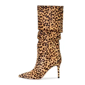 

US4-11 Women Pointed Toe Suede Leather Mid Calf Boots Stilettos Leopard Mixed Colors High Heel Pull On Shoes Plus Size 3Color