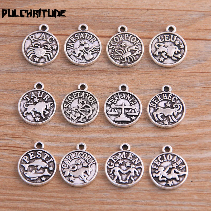 24pcs 12*15mm Small Two Color Metal Zinc Alloy Letter 12 Constellations Charms Fit Jewelry Plant Pendant Makings