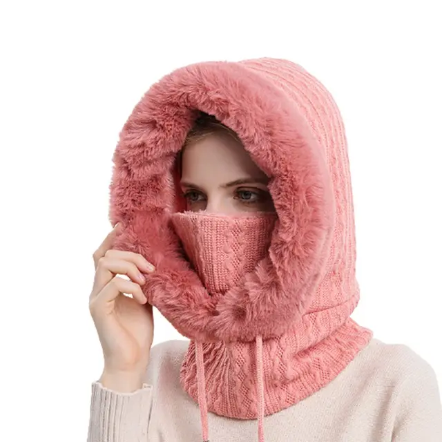Winter Fur Cap Mask Set Hooded for Women Knitted Cashmere Neck Warm Russia Outdoor Ski Windproof