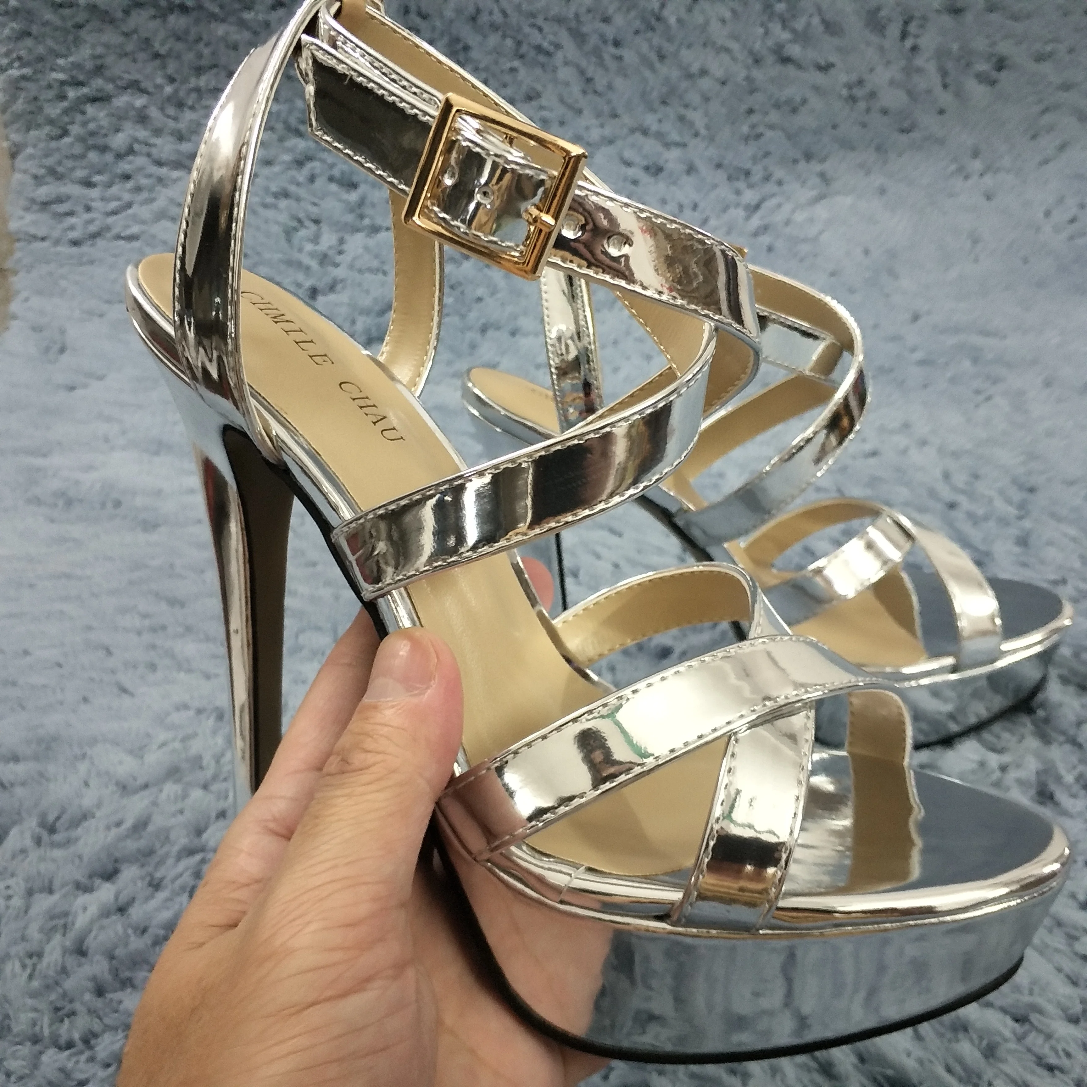 

Sexy Silver Patent High Heel Dress Party Women Sandals Summer New Open Toe Buckle Ankle Strap Stiletto Platform 14cm Heels Shoe
