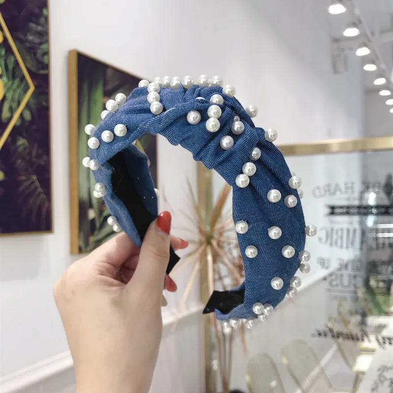 Blue Geebro богемный винтажный женский джинсовый центр с узлом широкая повязка для волос с перламутровыми узлами повязка для волос аксессуары для волос - Цвет: Blue