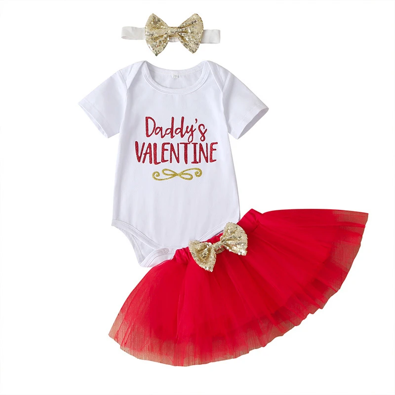 

Infant Baby Girls Outfit Short Sleeves Letters Printed Birthday Romper with Tutu Skirt bow Headband princess Set 2pcs