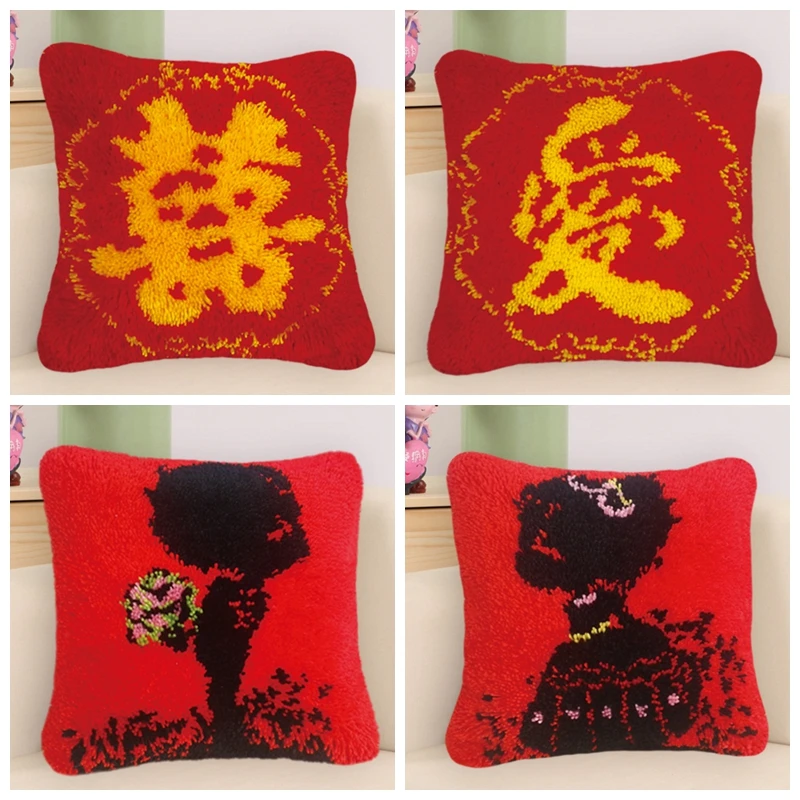 Needlework Latch Hook Pillow Red Cushions Set Latch Hook For Wedding Gifts Case Needle Embroidery Chinese Style Cross Stitch F
