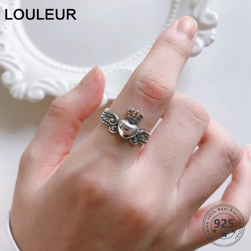 LouLeur, Настоящее серебро 925 пробы, корона, кольца,, Ретро стиль, сердце, крылья, кольцо для женщин, девушек, модное ювелирное изделие, подарок, вечерние кольца - Цвет камня: L2173SR00