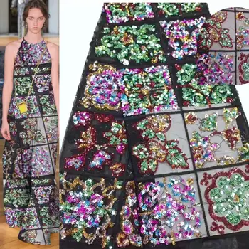 

Multicolor African Lace Fabric 2019 High Quality Lace Bridal Lace Fabric With 3D Flowers Sequins Nigerian Tulle Mesh Lace Fabric
