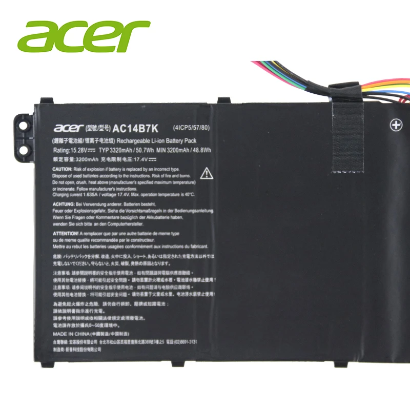 Аккумулятор для ноутбука acer AC14B7K для acer AC14B7K 4ICP5/57/80 15,28 V 3320 mAh/50,7 WH гарантия 2 года