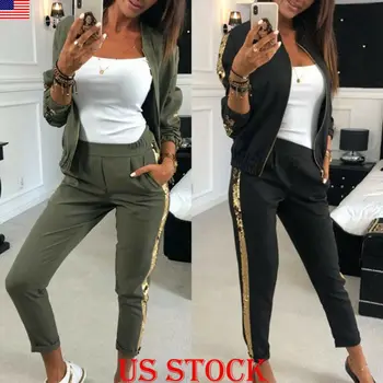 

Women's side sequins striped suits sports tracksuits Fitness Yoga long sleeve zipper jacket + pants two piece sportswear set