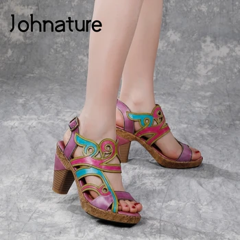 

Johnature Retro Ladies Sandals Women Shoes Genuine Leather Hand-painted 2020 New Spring Summer Sewing High Heels Casual Sandals