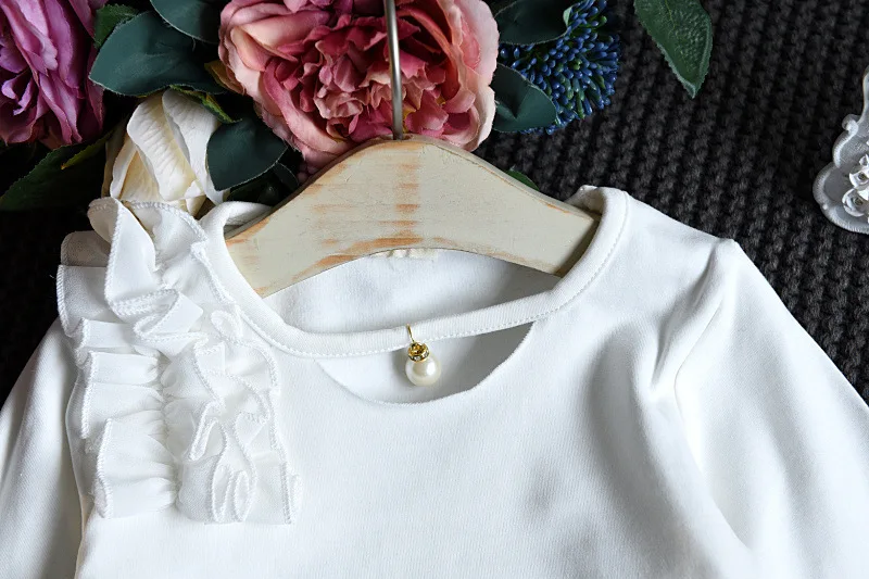 Autumn New For The Girl's Clothes Suit Long-sleeved Shirt Skirt 2 Piece Suit Pearl Flower Child's Clothes Flare Sleeve Suit