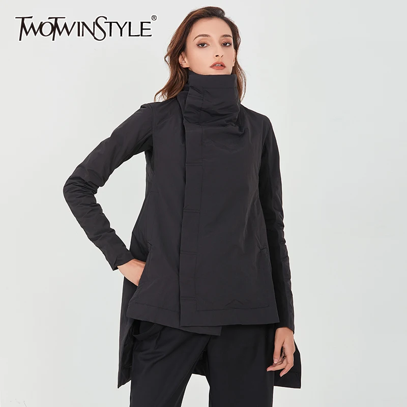 

TWOTWINSTYLE Asymmetrical Black Parkas For Women Turtleneck Long Sleeve Casual Loose Cotton Coat Female 2020 Winter Fashion New