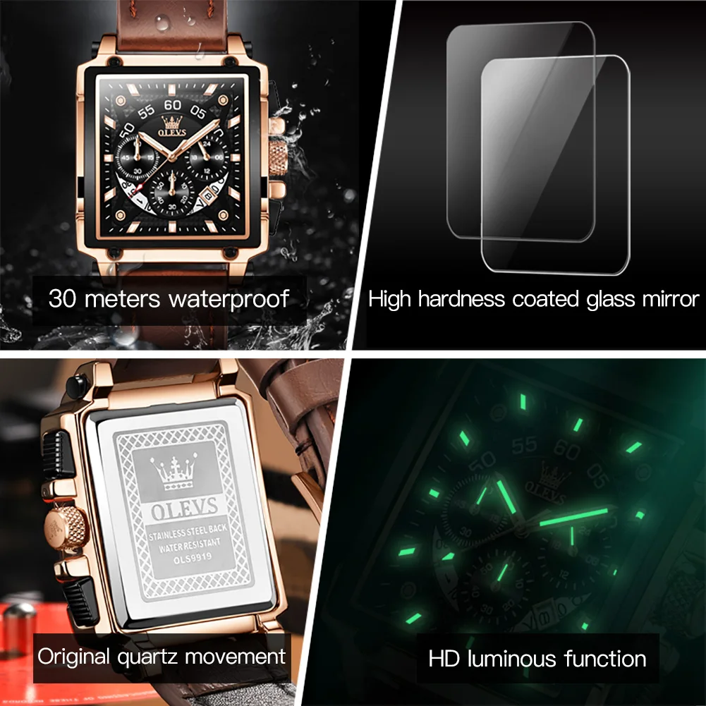 OLEVS Original Watch for Men Top Brand Luxury Hollow Square Sport Watches Fashion Leather Strap Waterproof Quartz Wristwatch