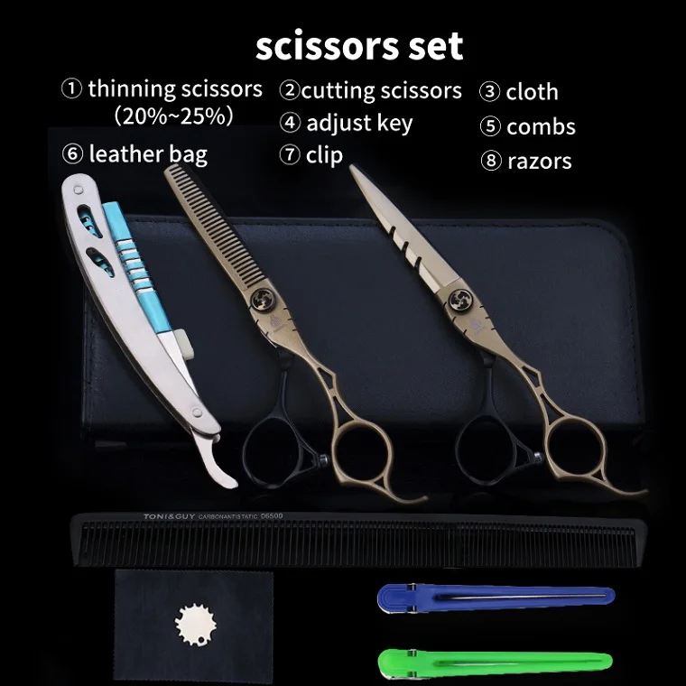SET GOLD WITH RAZOR ORTRAL 6 дюймов ножницы для волос Профессиональные Парикмахерские ножницы парикмахерские высокое качество Резка истончение набор Инструменты для укладки Парикмахерская - Цвет: SET GOLD WITH RAZOR