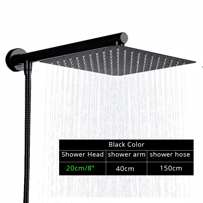 Rozin Black Ultrathin Rainfall Shower Head Wall Mounted Shower Arm Bracket Bar 150cm Shower Hose Bathroom Faucet Set