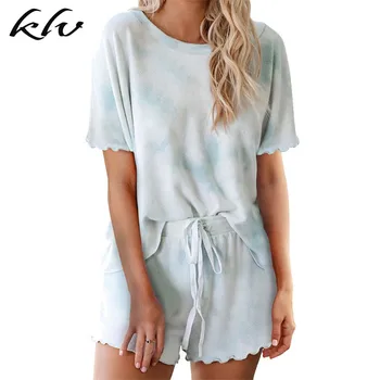 

Women Summer 2 Piece Pajamas Set Gradient Tie-Dye Short Sleeve Sleepwear Ruffles Drawstring Loungewear Streetwear S-3XL