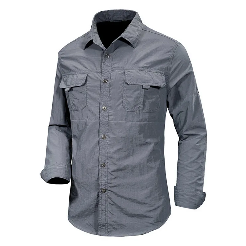 Повседневная быстросохнущая Мужская Рубашка классическая уличная Camisa Masculina с длинным рукавом и отложным воротником деловая рубашка с карманами Chemise Homme