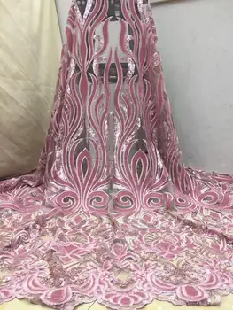

2019 High Quality African Lace Fabric Emerald pink French Net Embroidery Sequins Tulle Lace Fabric For Nigerian party Dress H188