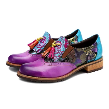 

Bohemia Vintage Women's Shoes Genuine Leather Fashion Mary Jane Shoes FancyQube Women Splicing Lace-Up Stitching Pump Shoes