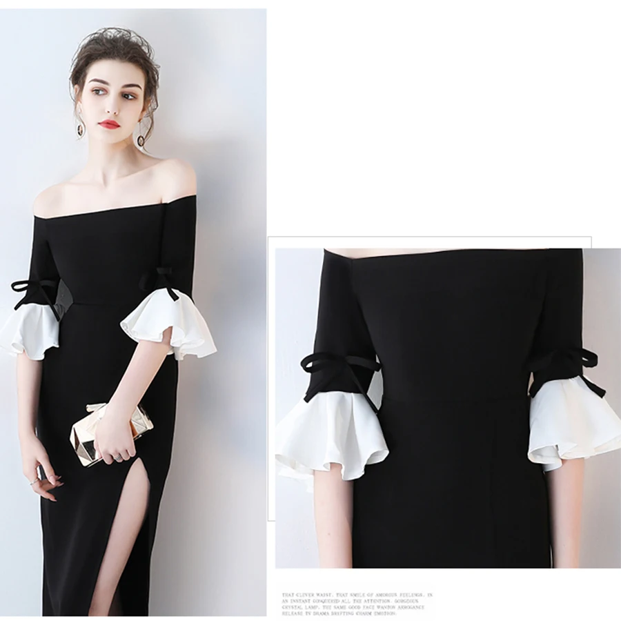 Вечернее платье с оборками, рукав до локтя, Robe De Soiree, вырез лодочкой, черные вечерние платья с разрезом, с открытыми плечами, официальное платье LX355
