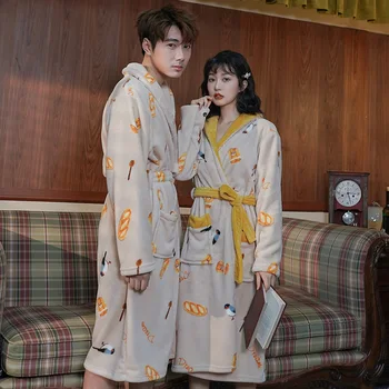 

Bathing Robes for Couples Women Coral Fleece Kimono Crane Bathrobe Men Nightclothes Bedgown